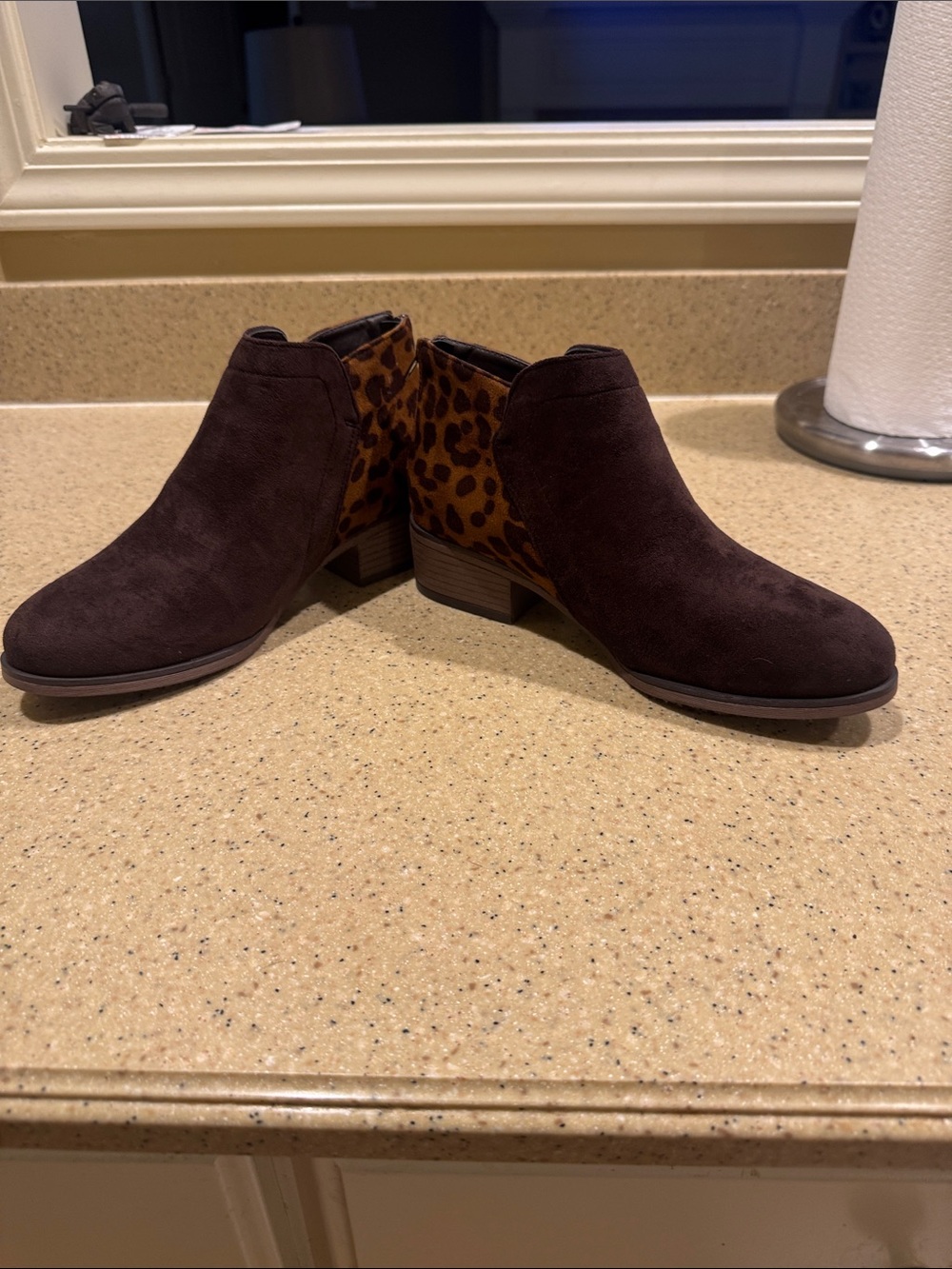 Pierre Dumas Dark Brown Suede Ankle Booties with Leopard Heel Accent